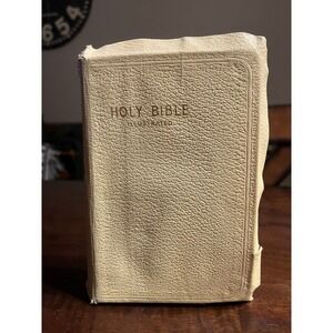 Vintage 1953 KJV Holy Bible World Publishing Illustrated White Cover Self-Pro